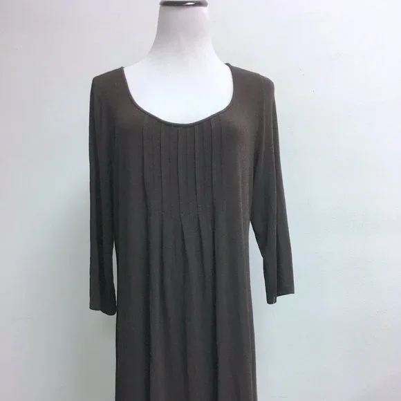 Eileen Fisher brown midi sccop neck jersey long sleeve dress L